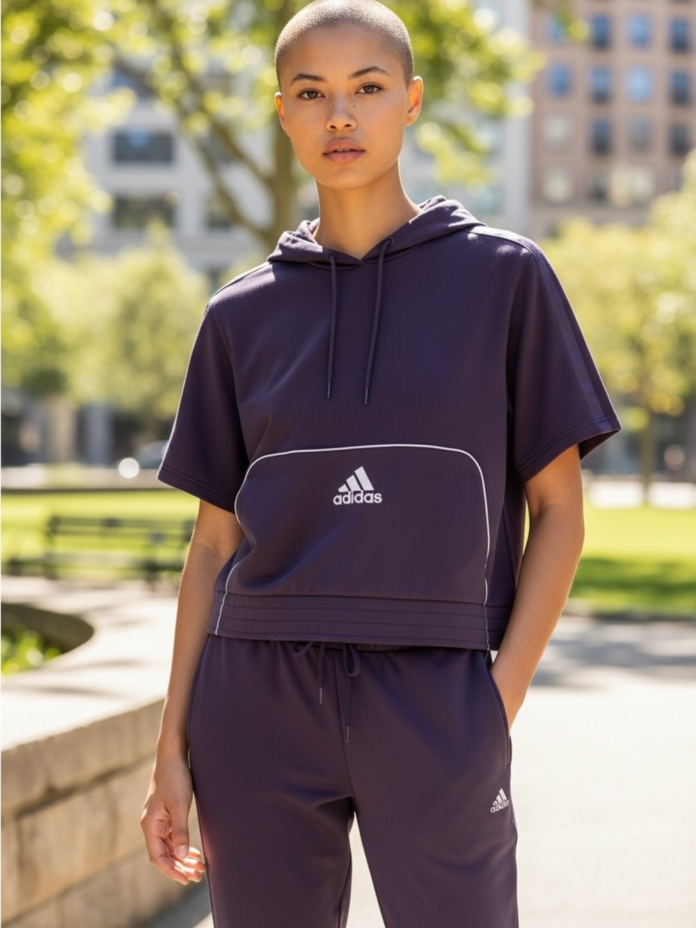 Adidas Plus Size 2X Cropped Hoodie Short Sleeve Purple Athletic Top